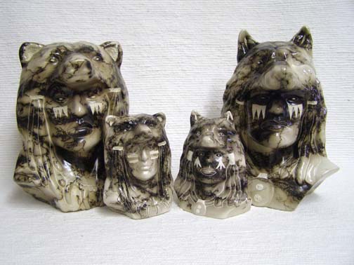 Ceramic Horsehair Chief's Head with Wolf or Bear