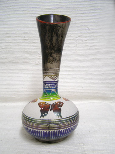 Navajo Fine Etched Horsehair Tall Vase with Butterflies